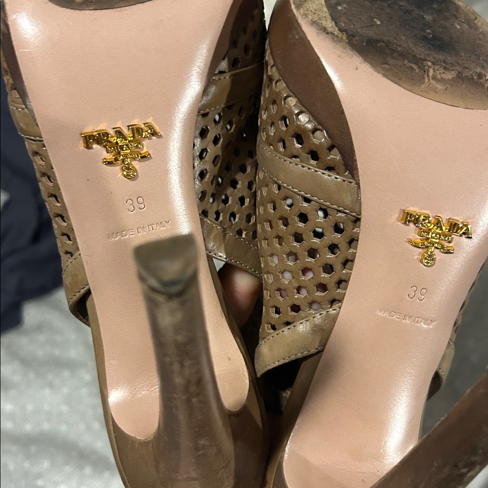 Prada Laser Cut Leather Brown Peep-Toe Slingback Heels - 39 - Picture 6 of 6